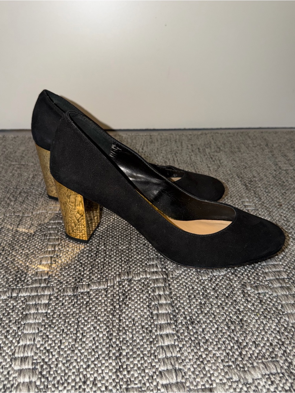 Dolce Vita Black Suede Pumps with Gold Block Heel